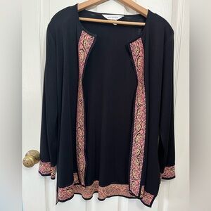 Misook Black Open Cardigan with Pink Paisley Trim